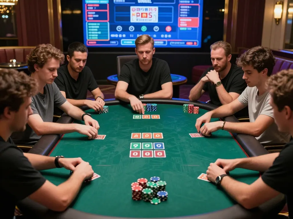 Players strategizing during an engaging online poker game at MB66, with vibrant chips and community cards visible.