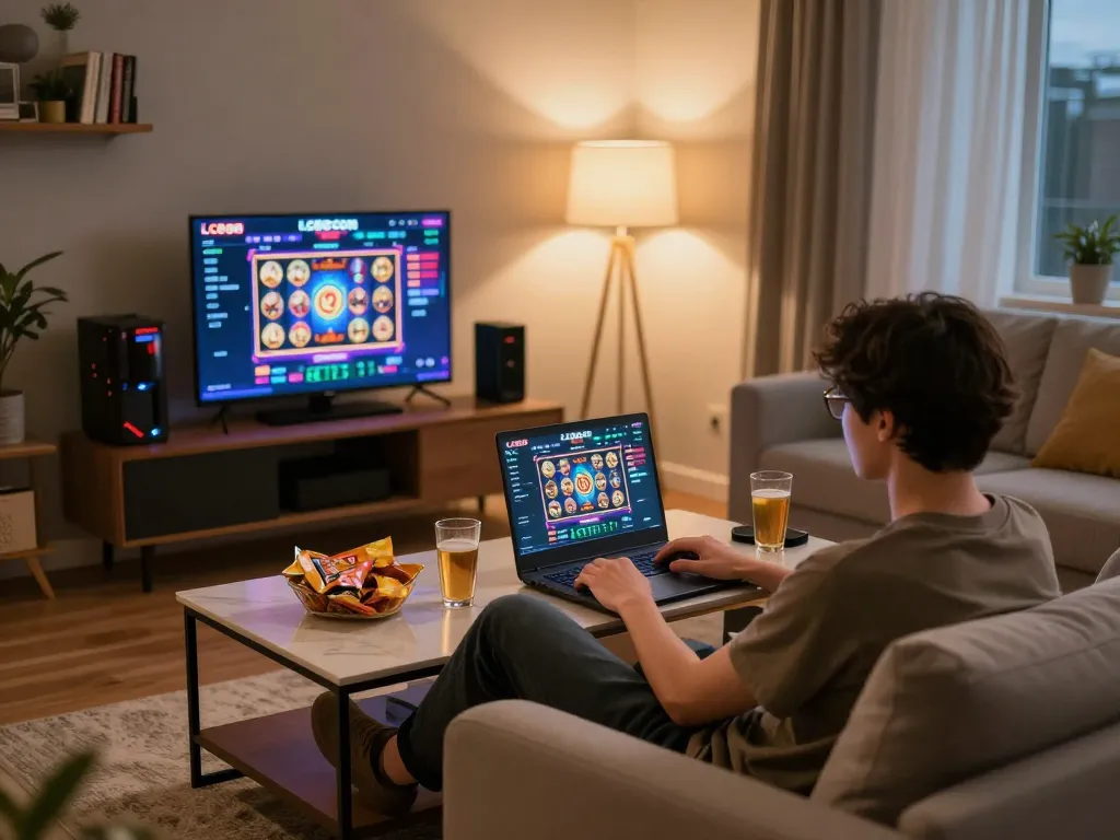 Engaged player using LC88 com on laptop in a cozy home setting, demonstrating responsible gaming.