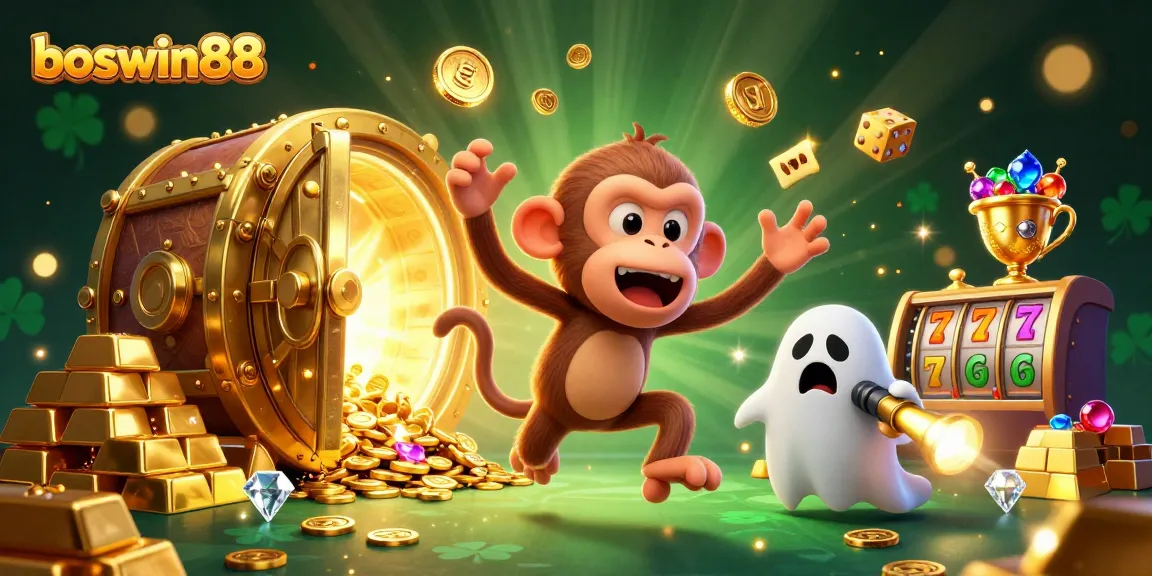 Boswin88 menampilkan permainan slot dengan koin emas dan karakter menarik dalam suasana kasino yang penuh harta.
