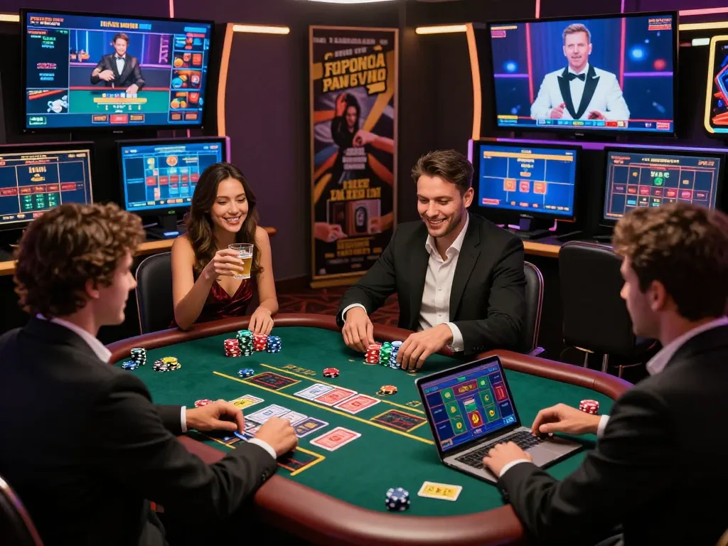 Friends enjoying a live dealer game at an elegant online casino setup at https://nohu78.de.com, showcasing chips and cards in an exciting atmosphere.