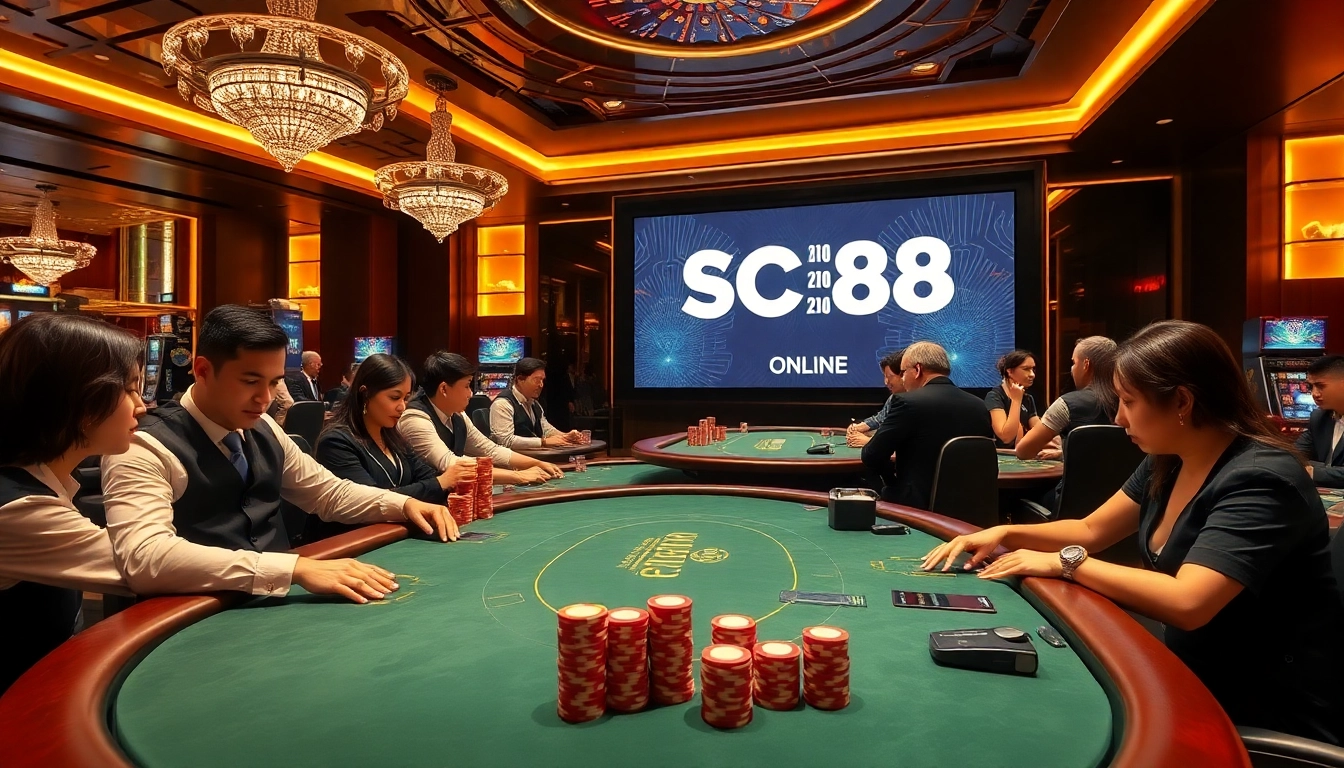 SC88 logo prominently featured in a vibrant casino setting with poker tables and excited players.