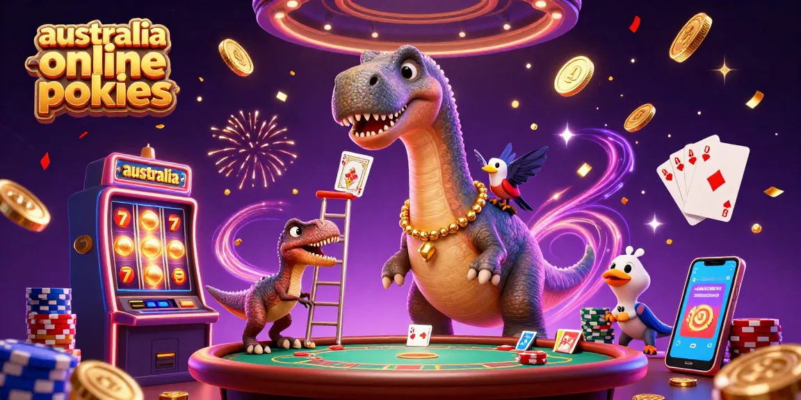 Win on australia online pokies with a playful cartoon scene of a brontosaurus and raptor amidst casino games and excitement.