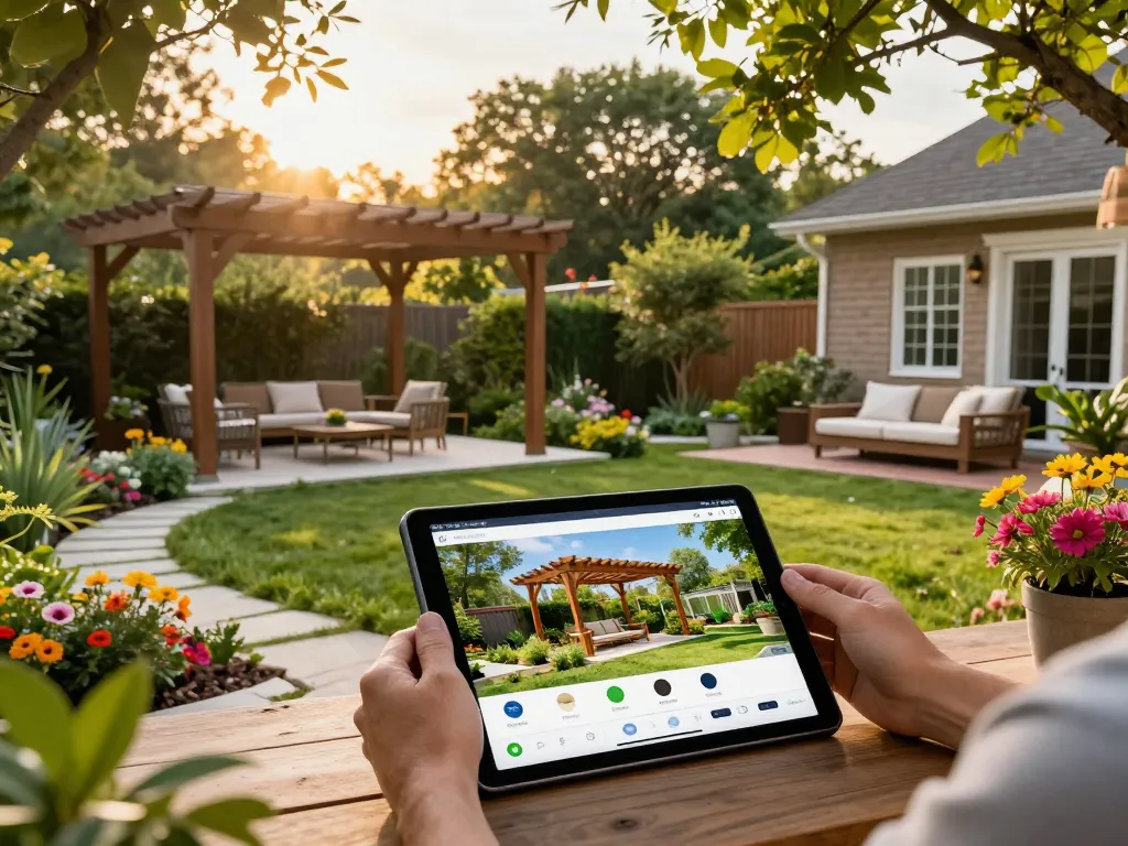 Designing a custom configuratore 3D pergola in a vibrant backyard with interactive 3D visuals.