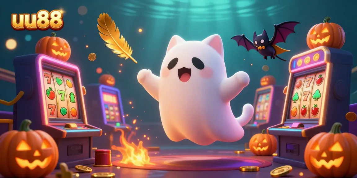 Win big at uu88 with a ghost cat and bat in a colorful casino scene filled with slots.