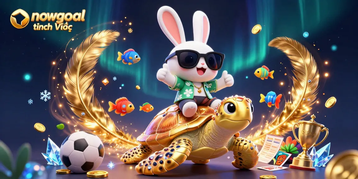 Engaging scene showcasing nowgoal tiếng Việt sports betting elements with a lucky rabbit on a golden turtle, surrounded by dynamic game features.
