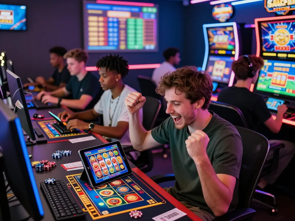 Excited players celebrating wins at 68win online gaming platform, featuring slot games and sports betting.