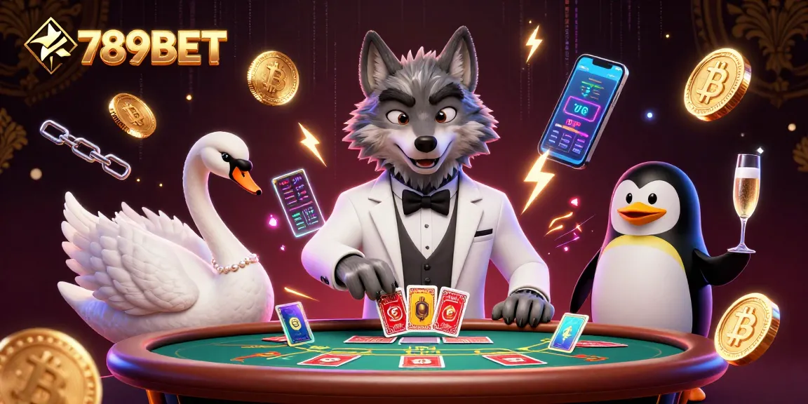 Experience the excitement of 789BET with a debonair wolf and elegant characters at a baccarat table.