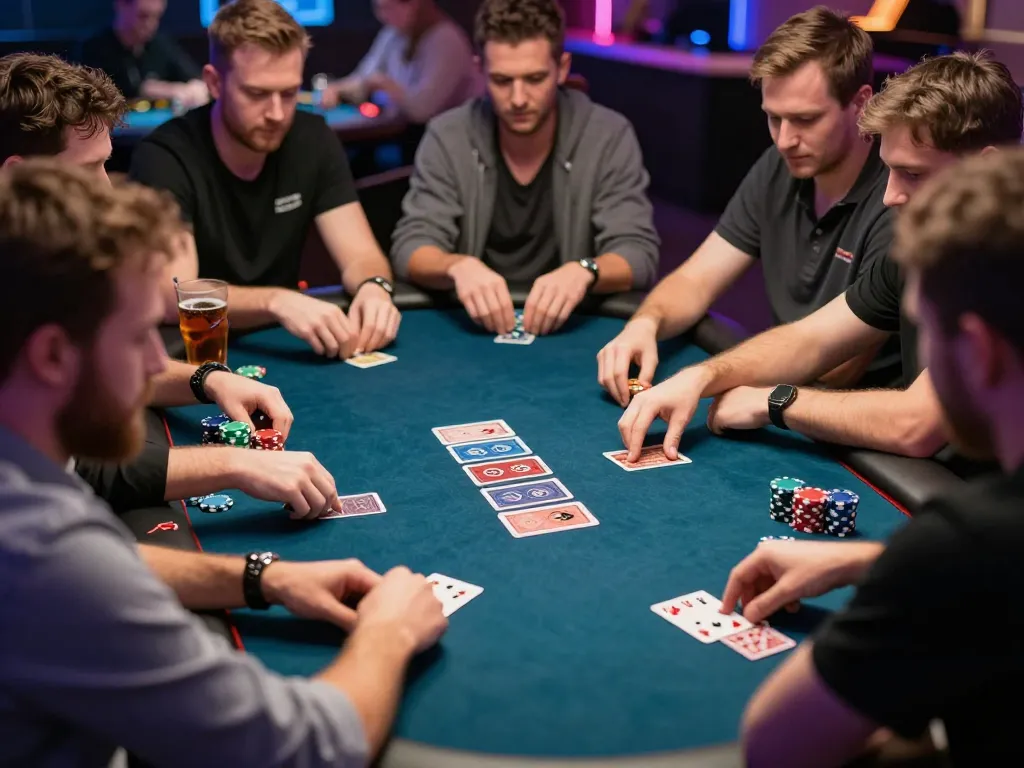 Players engaging in an intense poker game at 77WIN casino, showcasing competitive atmosphere and social gameplay