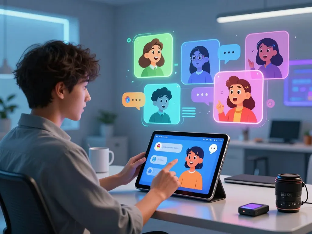 User interacting with AI characters on touchscreen tablet, showcasing an engaging crushonai experience.