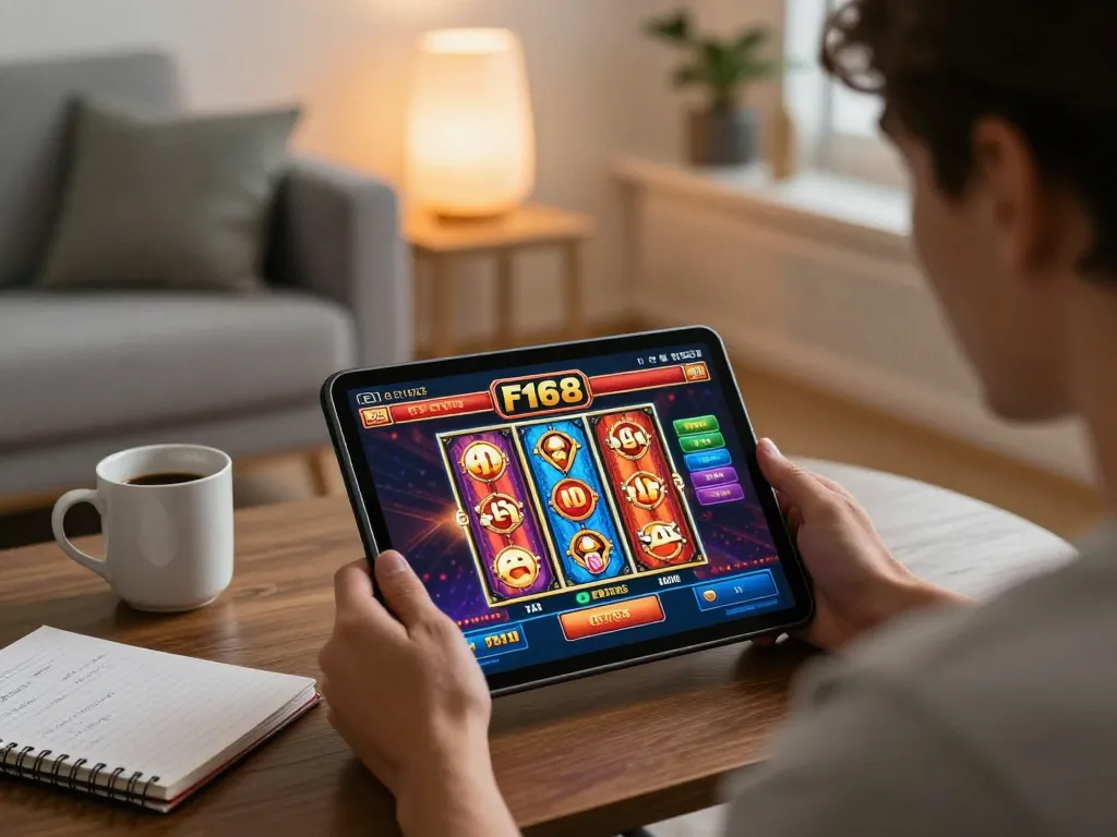 Player enjoying the f168 online casino experience on a tablet in a cozy living room ambiance