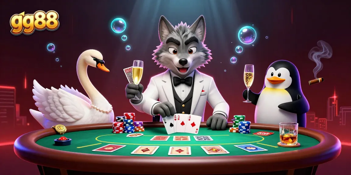 Experience exhilarating gaming at gg88 with a debonair wolf, elegant swan, and sophisticated penguin at a vibrant baccarat table.