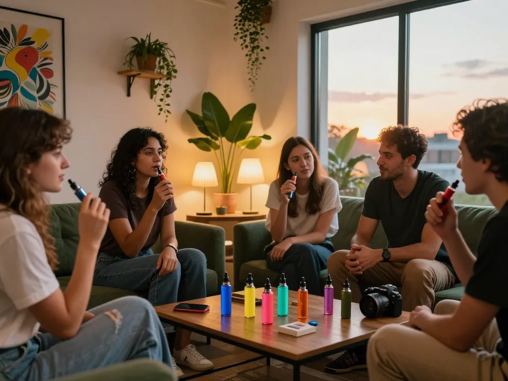 Gruppo che gode dei vape pen Svapo THC in un'accogliente atmosfera lounge, atmosfera vibrante.