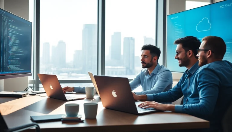 Developers collaborating on SaaS project in a modern office environment.