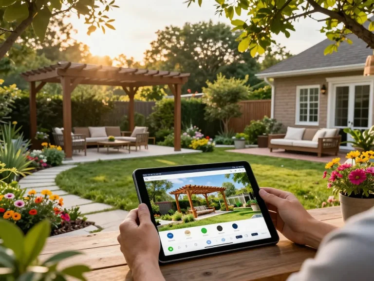 Designing a custom configuratore 3D pergola in a vibrant backyard with interactive 3D visuals.