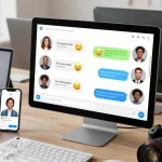 Engaging scene of sex ai chat interface with diverse chatbots in a modern digital workspace, portraying lively interactions.