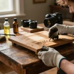 Eliminare tarli ispezionando i mobili in legno con soluzioni naturali in una casa illuminata dal sole.