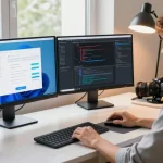 Developer navigating the Telegram web version on multiple screens in a cozy workspace.