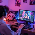 Engaging AI hentai chat scene with user immersed in animated character interactions within a cozy gaming environment.