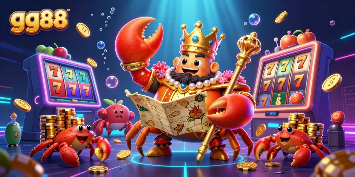 Spin to win at gg88 with a lavish golden crab emperor amidst vibrant slot elements and dazzling treasures.