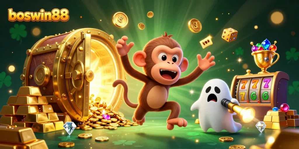 Boswin88 menampilkan permainan slot dengan koin emas dan karakter menarik dalam suasana kasino yang penuh harta.