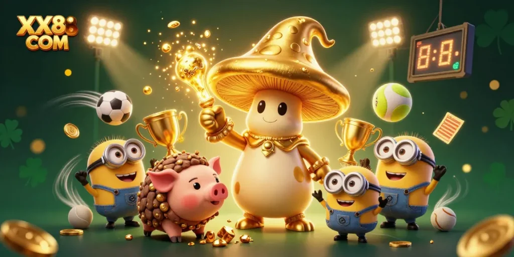 Bet on exciting games at XX88 COM with golden wizard and festive sports elements.
