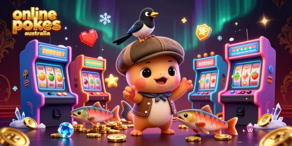 Play online pokies Australia with vibrant cartoon characters and casino elements