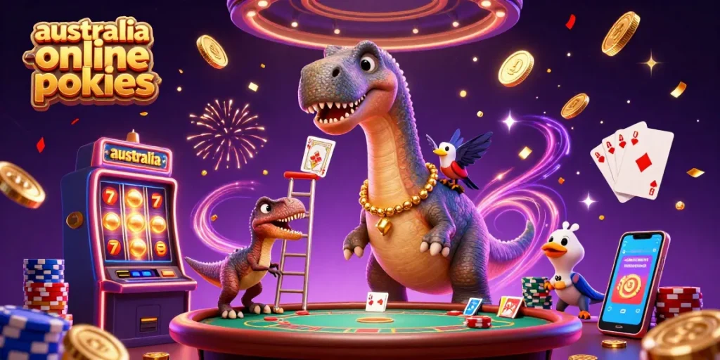 Win on australia online pokies with a playful cartoon scene of a brontosaurus and raptor amidst casino games and excitement.